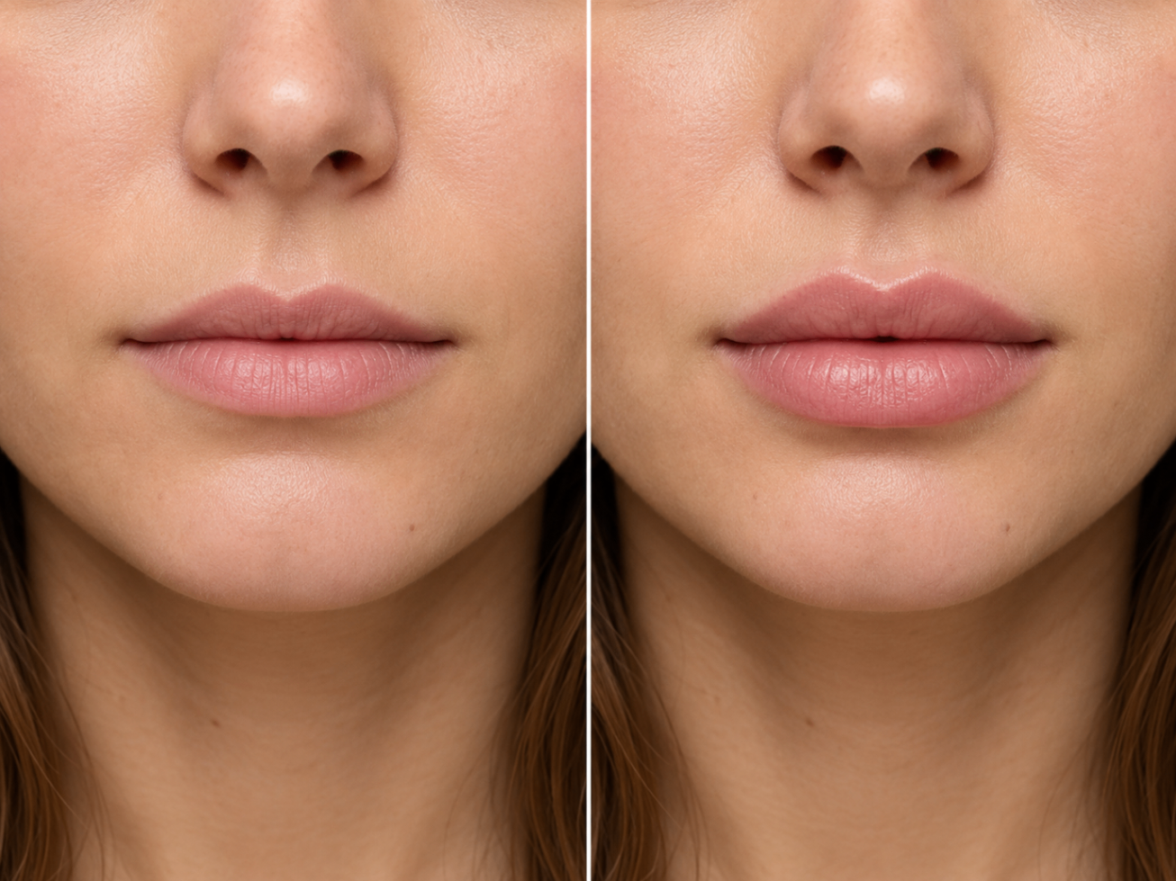 Lip filler before and after showing natural volume